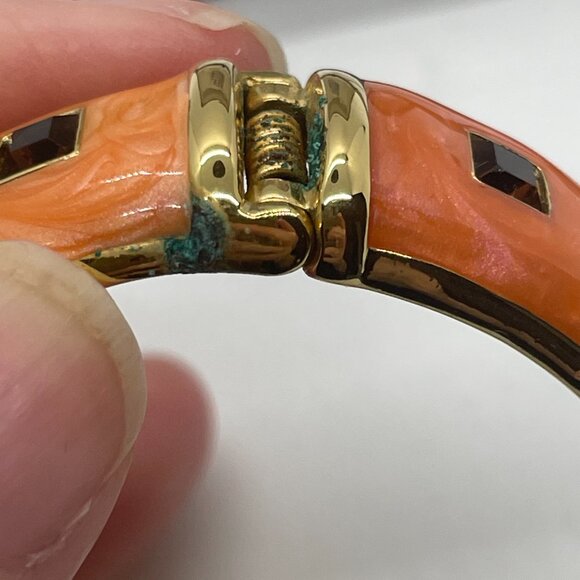 Nolan Miller Orange/ Peach Enamel Hinged Bangle Bracelet w brown inlaid crystals - Picture 7 of 8